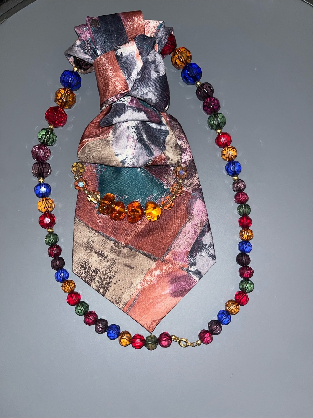 Multicolor Bead Necklace with Matching Bracelet -Tie Design Jewelry
